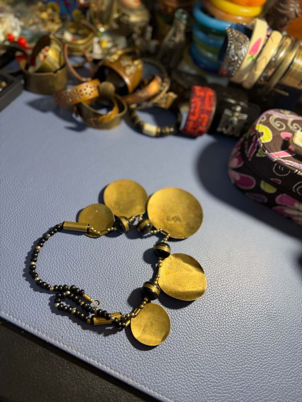 Vintage Brass and Copper Elephant Medallion Bib Necklace with Black Beads - Picture 3 of 3